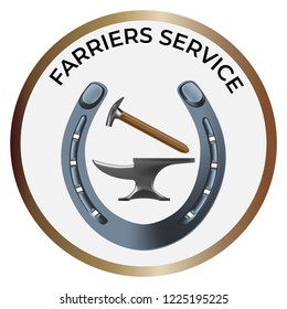 Farriers services logo in realistic style. Anvil, shoe and hammer for shoeing. Fine for farrier's services promo materials, banners, flyers amd leaflets.