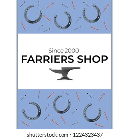 Farriers Shop Flyer in realistic style with horseshoes, nails and anvil. Fine for farrier's shop promo materials, banners, flyers amd leaflets.