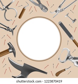 Farrier's tools frame in realistic style. All the basic instruments for hoof care and shoeing. Fine for farrier's shop leaflets, flyers, catalogues, promos and horsemanship sites.