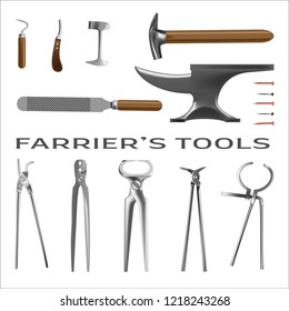 Farrier's tools in realistic style. All the basic instruments for hoof care and shoeing. Fine for farrier's shop banners, catalogues and horsemanship sites and books.