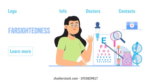 Farsightedness concept vector.Eye doctor concept for health care banner. Glaucoma treatment concept vector. Medical ophthalmologist eyesight check up with tiny people.  