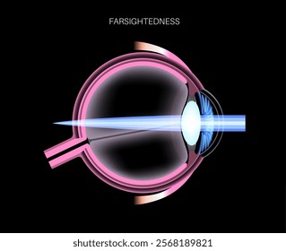 Farsightedness eye disease poster. Hyperopia or long sightedness refractive error concept, problem of blurred vision. Anatomy of human eye, lens and retina, hypermetropia medical vector illustration