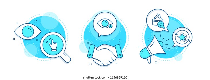 Farsightedness, Loyalty points and Collagen skin line icons set. Handshake deal, research and promotion complex icons. Touchscreen gesture sign. Eye vision, Bonus reward, Skin care. Zoom out. Vector
