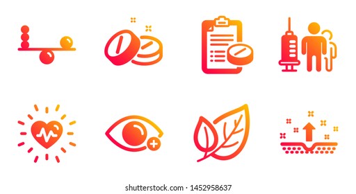 Farsightedness, Medical prescription and Heartbeat line icons set. Balance, Leaf and Medical tablet signs. Clean skin symbol. Eye vision, Medicine drugs. Healthcare set. Vector