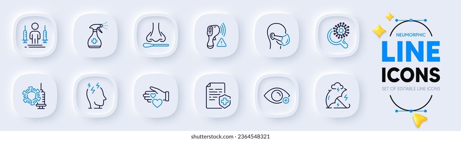 Farsightedness, Nasal test and Medical mask line icons for web app. Pack of Stress protection, Coronavirus injections, Stress pictogram icons. Medical certificate, Electronic thermometer. Vector