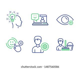 Farsightedness, Smile and Customer satisfaction line icons set. Support, Idea and Cleaning service signs. Eye vision, Laptop feedback, Happy smile. Edit profile. People set. Vector