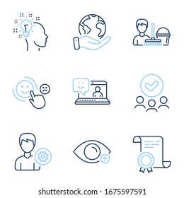 Iconos de la línea de satisfacción del cliente, Sonrisa y perspicacia. Certificado de Diploma, planeta salvado, grupo de personas. Señales de servicio de asistencia, Idea y Limpieza. Vector