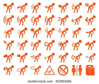 Fart boys vector icon collection. Style is flat symbols, orange color, rounded angles, white background.