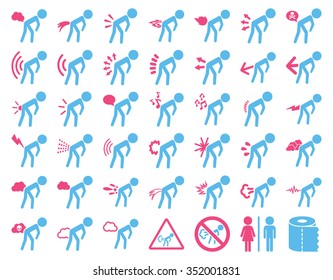 Fart children vector icon collection. Style is bicolor flat symbols, pink and blue colors, rounded angles, white background.