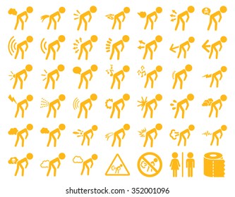 Fart children vector icon set. Style is flat symbols, yellow color, rounded angles, white background.