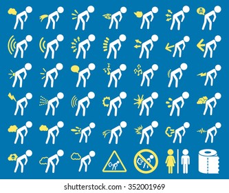 Fart children vector icon set. Style is bicolor flat symbols, yellow and white colors, rounded angles, blue background.