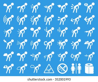 Fart children vector icon set. Style is flat symbols, white color, rounded angles, blue background.