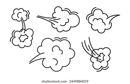 Fart cloud line icon, smoke poof motion doodle, comic breath whoosh, air bubble, steam puff, dust or flatulence, cute smell pop, cartoon gas set outline design. Aroma vector illustration