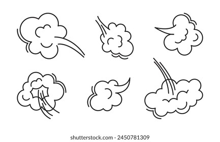 Fart Cloud Line Ikone, Rauch Poof Doodle whosh, Bewegung Comic Atem, Luftblase, Dampfstoß, Staub oder Flatulenz, Cartoon Geruch Pop, niedliche Gas-Set Umriss-Design. Aroma Vektorillustration