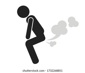 Fart and flatulence - man is exhausting blowing smelly fume , cloud and smoke from his anus and rectum. Vector illustration isolated on white.