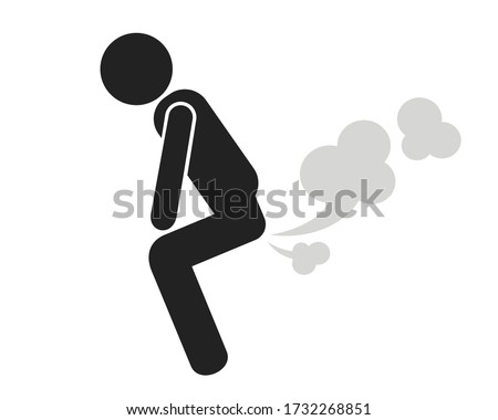 Fart and flatulence - man is exhausting blowing smelly fume , cloud and smoke from his anus and rectum. Vector illustration isolated on white.