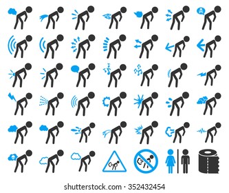 Fart kids vector icon set. Style is bicolor flat symbols, blue and gray colors, rounded angles, white background.