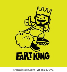 Fart King Cartoon Character Logo Design – Funny Crowned Character Giving Thumbs Up with Comic Fart Cloud