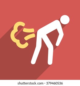 Fart long shadow vector icon. Style is a flat light symbol with rounded angles on a red square background.