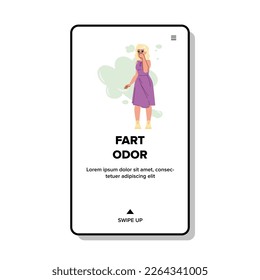 fart odor vector. smell bad nose, sweat breath, dirty gross, dislike expression, person fart odor web flat cartoon illustration