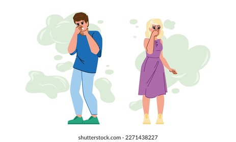 fart odor vector. smell bad, nose breath, dirty gross, sweat unpleasant, dislike expression fart odor character. people flat cartoon illustration