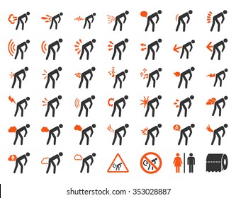 Fart people vector icon set. Style is bicolor flat symbols, orange and gray colors, rounded angles, white background.
