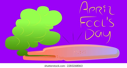 Fart pillow with green gas on a purple background. Vector prank toy. Stock card for April 1. Day of humor and laughter.