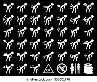 Fart sick children vector icon set. Style is flat symbols, white color, rounded angles, black background.