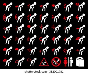 Fart sick children vector icon collection. Style is bicolor flat symbols, red and white colors, rounded angles, black background.