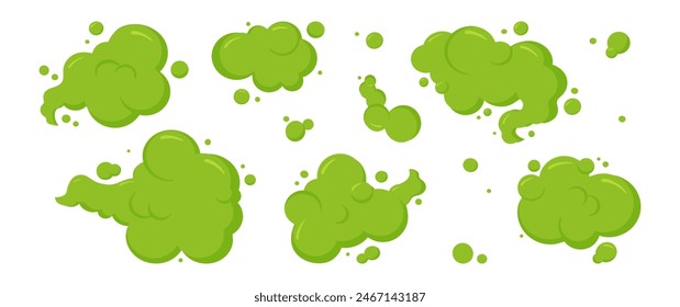 Fart smell cloud, bad gas bubble, toxic smoke, cartoon stink breath, poison steam, odour and spray isolated on white background. Aroma sound effect set. Comic vector illustration