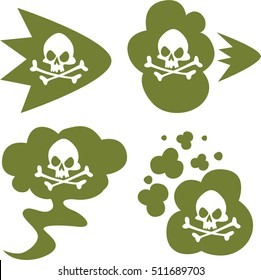 Fart smell. Green cloud set with white skull and crossbones. Stink aroma. Isolated symbols. On white background.