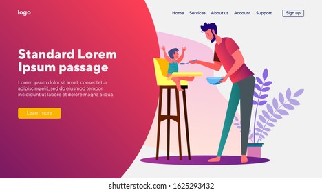 Farther feeding little son. Dad, child care, eating chair. Flat vector illustrations. Parenthood, upbringing, nutrition concept for banner, website design or landing web page