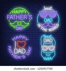 Farthers day neon sign set. Moustaches and bearded man in sunglasses on brick wall background. Vector illustration in neon style for flyers, posters, greeting cards