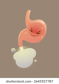 Farting, Um estômago de desenho animado bonito e engraçado liberando gás em uma explosão, expressando alívio, desconforto e humor perfeito para a saúde digestiva, médicos ou conceitos relacionados à anatomia. Gás no estômago