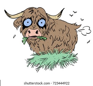 Farting hairy ox cartoon image. Artistic freehand drawing.