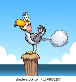 Farting seagull standing on a wooden pole. Vector cartoon clip art illustration with simple gradients. Some elements on separate layers.
