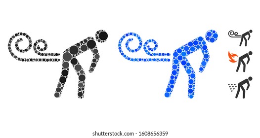 Farting wind mosaic of round dots in different sizes and shades, based on farting wind icon. Vector round elements are united into blue mosaic. Dotted farting wind icon in usual and blue versions.