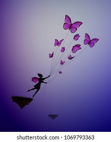 fary girl holding flock  of pink butterflies and flying away, fairy character,  life in the dreamland on flying rock, silhouette.