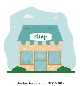 Fasad store, shop building in flat style, cute stock illustration. Front view with door, windows. Colorful and bright composition 