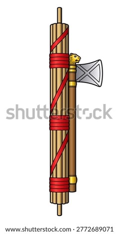 Fasces, a bound bundle of wooden rods with an axe. Ancient Roman symbol of absolute  power and to punish subjects. Also symbol of conformity and to stay in line. Colored isolated illustration. Vector