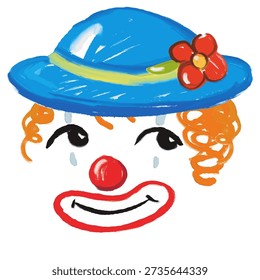 Fasching Clown in Acryl doodle. Classic, vintage, retro style. Hand draw with brush texture. Clown with hat and flower, red nose. Vector, isolated.