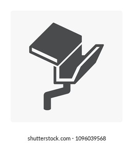 Fascia style gutter vector icon. Also call rain gutter or eavestrough. Include roof, downpipe or downspout and pipeline for water discharge and drainage system to protect building from rainwater fall.