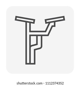 Fascia style gutter vector icon. Also call rain gutter or eavestrough. Include roof, downpipe or downspout and pipeline for water drainage system to protect building from rainwater. 64x64 pixel.