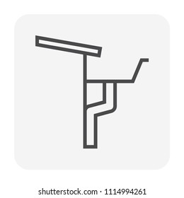 Fascia style gutter vector icon. Also call rain gutter or eavestrough. Include roof, downpipe or downspout and pipeline for water drainage system to protect building from rainwater. 64x64 pixel.