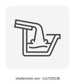 Fascia style gutter vector icon. Also call rain gutter or eavestrough. Include rainwater pour from roof. That is water discharge and drainage system to protect exterior wall of building. 64x64 pixel.