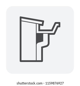 Fascia style gutter vector icon. Also call rain gutter or eavestrough. Include roof, downpipe or downspout and pipeline for water discharge and drainage system to protect building from rainwater fall.
