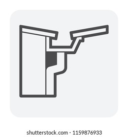 Fascia style gutter vector icon. Also call rain gutter or eavestrough. Include roof, downpipe or downspout and pipeline for water discharge and drainage system to protect building from rainwater fall.