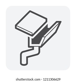 Fascia style gutter vector icon. Also call rain gutter or eavestrough. Include downpipe or downspout and pipeline for water discharge, drainage system to protect building from rainwater flow off roof.