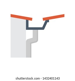 Fascia style gutter vector icon. Also call rain gutter or eavestrough. Include downpipe or downspout and pipeline for water discharge, drainage system to protect building from rainwater flow off roof.