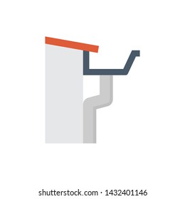 Fascia style gutter vector icon. Also call rain gutter or eavestrough. Include downpipe or downspout and pipeline for water discharge, drainage system to protect building from rainwater flow off roof.